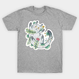 Cute Grey Cat Happily Rolling in the Garden T-Shirt